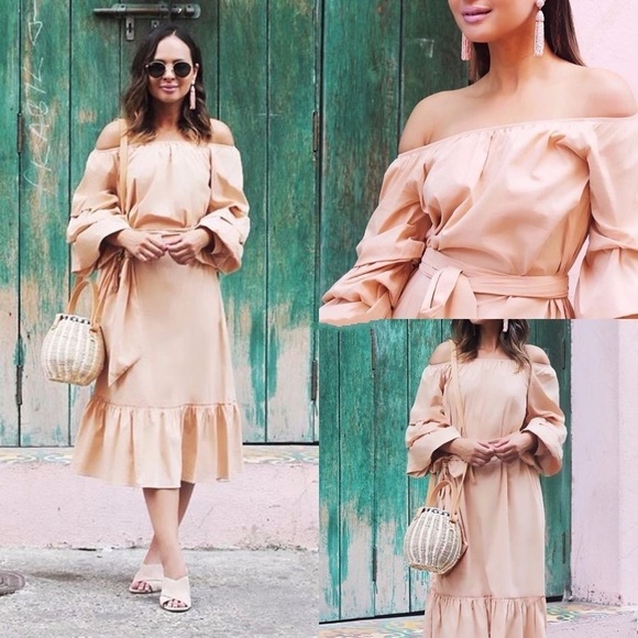 Zara Dresses & Skirts - Zara NWT Off Shoulder Nude Poplin Midi Dress S